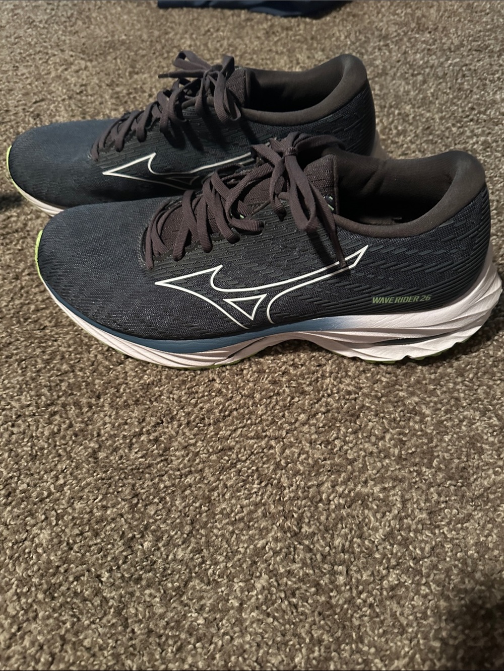 Mizuno Men's Black and White Wave Rider Running Shoes with Green Accents